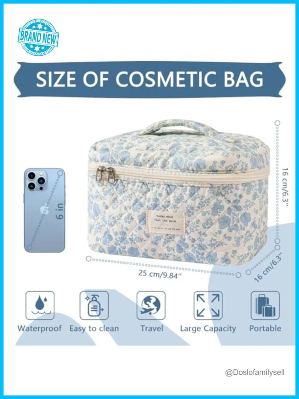 Large Cotton Cosmetic Bag for Travel - Floral Toiletry Organizer Pouch